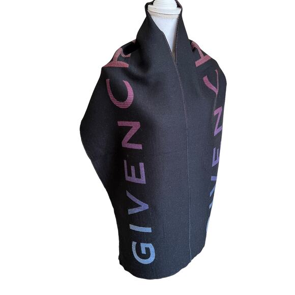 Givenchy Logo Wool Double Face Fringe Scarf Black Ombre - Picture 7 of 8